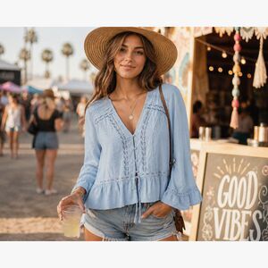 Universal Thread XL Boho Blue Embroidered Lace Trim Peplum Festival Blouse #10